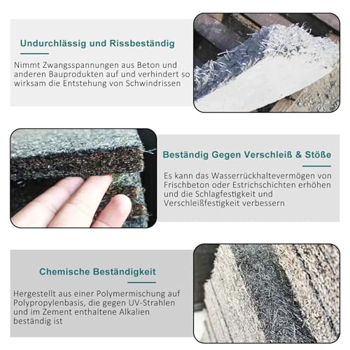 Polypropylen Faser, Polyfasern 12 mm für Beton Mörtel Gips, Polymerfasern Verstärkung Widerstand, Verhindert Rissbildung Reduziert Schrumpfung, Homogene Verteilung der Mischung