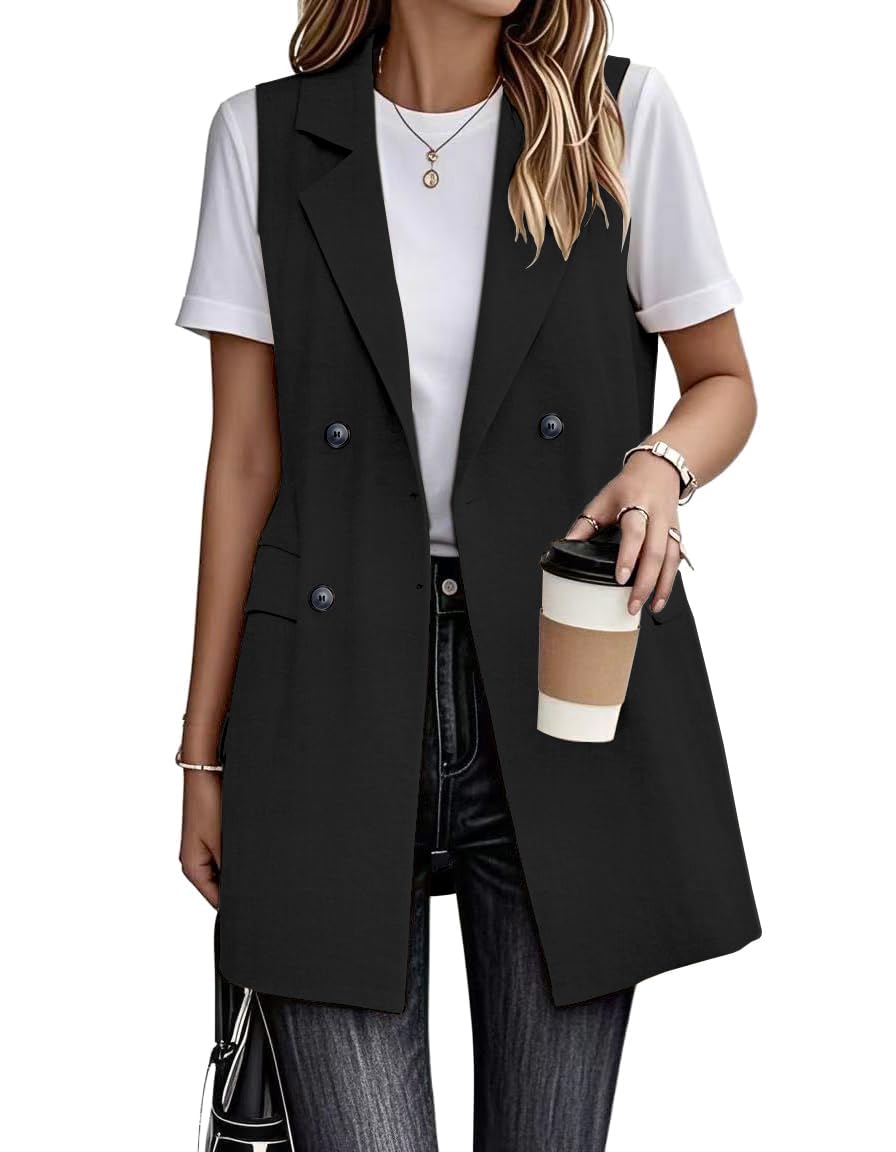 IDEALSANXUN Gilet lungo da donna, in lino, elegante, senza maniche, blazer