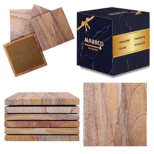 Marbco Sandstone Water Absorbent Hand Crafted Round Coasters for Drinks - 4 Inches Wide Thirsty Stone Bar, Drink Coasters- Made from Rainbow Sandstone (Design 5)