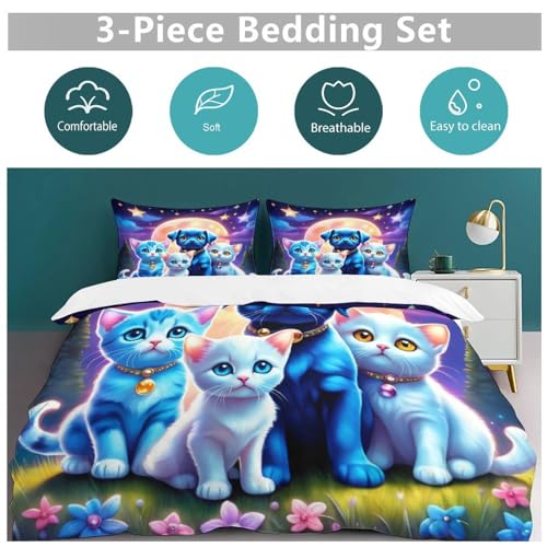 Housse de couette chat avec taies d'oreiller ensemble de lit microfibre 220x240cm pour grand lit