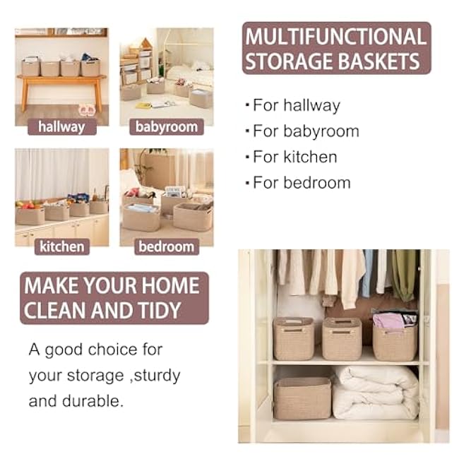 OIAHOMY 4 Pack Storage Baskets for Organizing, Cube Storage Bins for Shelves, Rectangle Storage Baskets With Handles, Woven Baskets for Storage, 12.7''Lx9''Wx7.8''H, Brown