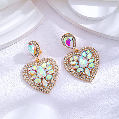 Love Heart Gold Clip On Earrings Statement Rhinestone Crystal Sparkly Clip On Earrings For Women Teen Girls Hypoallergenic Clip On Dangle Earrings Women Non-Pierced Jewelry Gift Mother's Day (Ab) #TOP3
