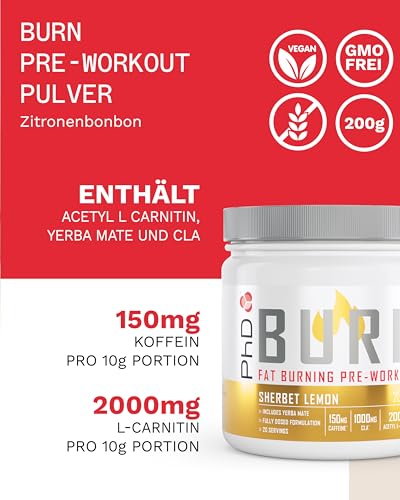 PhD Nutrition Burn Pre-Workout Pulver 200g Zitronenbonbon - Pre Workout Booster zur Unterstützung von Leistung und Fettverbrennung, Enthält Koffein, L-Carnitin, Zink & Vitamine – Bild 4