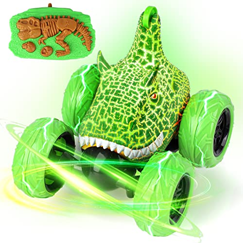Image of Dywalfri Remote Control Car, Dinosaur Toys RC Stunt Car 360° Rolling with LED Headlights, Rechargeable RC Car Dinosaur Toys Gifts for 4 5 6 7 8-12 Year Old Boys Girls Kids