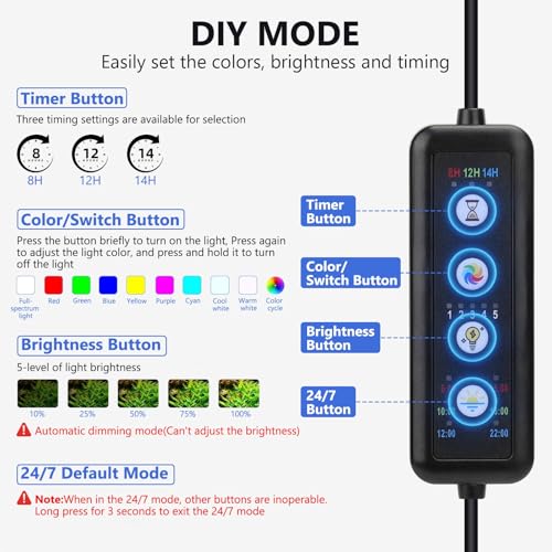 fishkeeper Clip On Aquarium LED Light, 24/7 Mode Full Spectrum Fish Tank Light with Timer, Adjustable 8 Color / 5 Brightness Simulate Sunrise-Day-Sunset-Moon for 7.87-12.99 inch Planted Tank 9W - Image 3