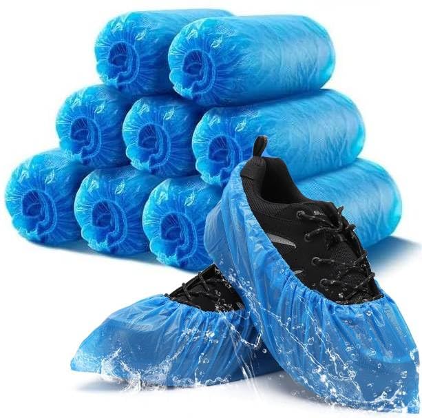 MOMENT Disposable Shoe Covers 100 Pack (50 Pairs) Waterproof Non Slip PE Plastic Shoes Protection Covers Indoor Cleaning Overshoes Universal Size for Most Kids Adults Men and Women Blue