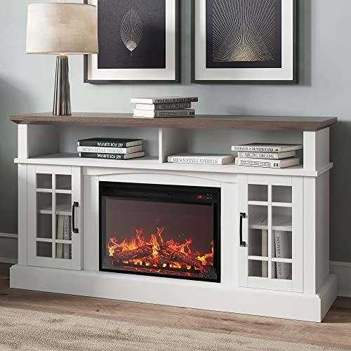 Belleze 58" Tv Stand With 23" Electric Fireplace, Fireplace Tv Console For Tv Up To 65", Home Entertainment Center With Storage Cabinet And Adjustable Shelves - Astorga (White) #TOP4