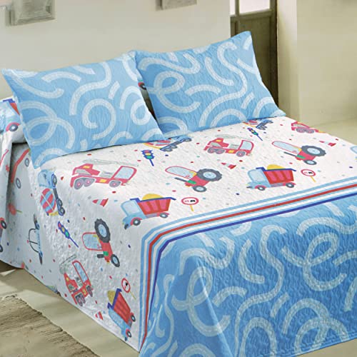 Dalina Textil - Colcha Cama Infantil 90cm Moderna - Colcha Bouti Fina para Verano Privamera,Cubre Cama Multiusos Entretiempo 180x260cm Camiones