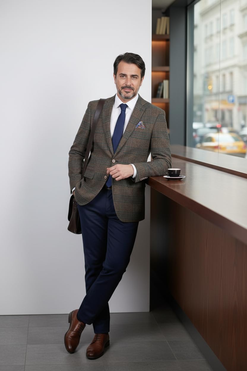 SIRRI Blazer de Mezcla de Lana a Cuadros Ventana para Hombre, Corte Entallado, Chaqueta Formal Elegante Verde