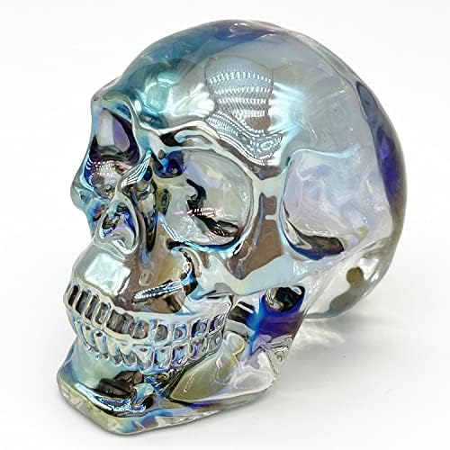 FZBHRO Crystal Skull Head Statues Clear Skull Figurines K9 Glass Skull Gemstone Halloween Decor Gifts for Women Plating Light Blue 2.8"