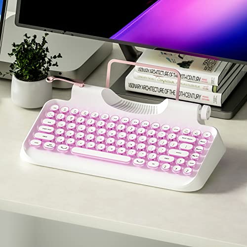 Rymek Typewriter Mechanical Wireless Keyboard With Tablet Stand, Mechanical Bluetooth 3.0, Retro Typewriter Keyboard For Windows And Mac Computers, Android And Ios Tablets (White) #TOP4