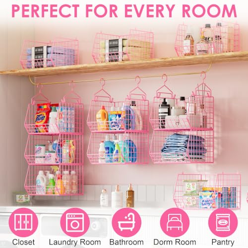 Image of 5 Tier Closet Hanging Organizer, Clothes Hanging Shelves with 4 Hanging Hooks 5 S Hooks, Wire Storage Basket Bins, for Clothing Sweaters Shoes Handbags Clutches Accessories Patent Design-Pink