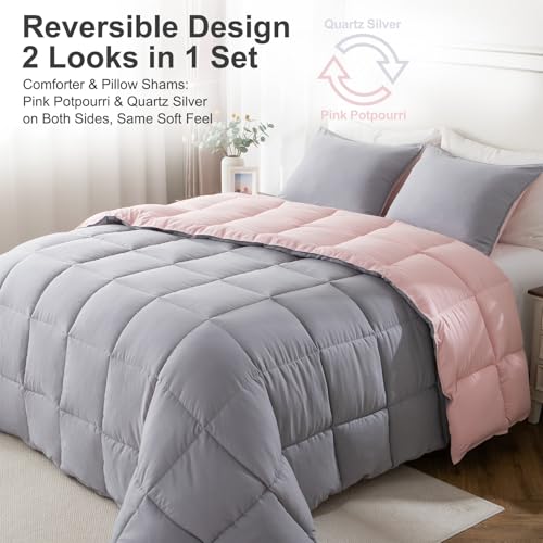 Image of KASENTEX Queen Comforter Set - Reversible Dual Color - Goose Down Alternative - Ultra-Soft, Lightweight, Machine Washable, Maintain Fluffiness, All Season Warmth (Pink Potpourri /Quartz Silver) | 250 GSM Fill, Ultra-Soft, Lightweight, Machine Washable, 1 Comforter + 2 Pillow Shams, Pink Potpourri /Quartz Silver