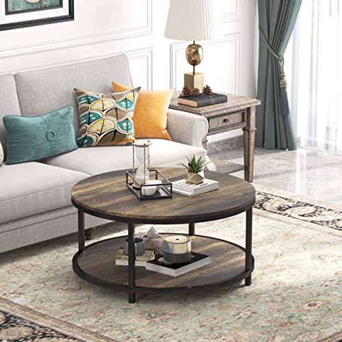 Wiberwi Round Coffee Table 35.8" Rustic Vintage Industrial Design Furniture Sturdy Metal Frame Legs Sofa Table Cocktail Table With Storage Open Shelf For Living Room, Easy Assembly, Vintage Brown #TOP1