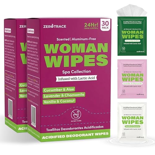 Image of Zero Trace Deodorant Body Wipes for Women - Aluminum Free Underarm Wipes with Lactic Acid - Cucumber Aloe, Lavender Chamomile, Vanilla Coconut - Individually Wrapped Travel Wipe for Gym - 30 Pack