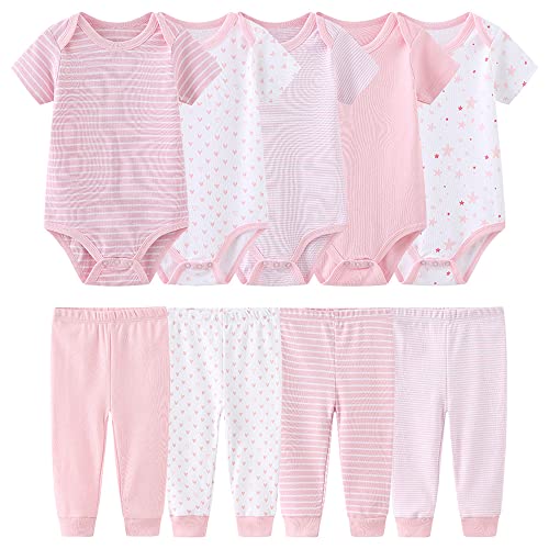 Chamie Lot de 5 bodies en coton à manches courtes pour bébé, combinaison en une pièce pour garçon et fille de 0 à 12 mois…, rose, 6-9 Months