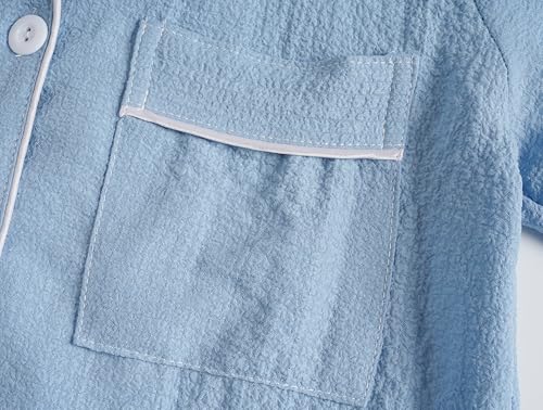 Image of Hupohoi Big Girls Button Down Pajama Set 3pcs Short Sleeve Long Pants with Shorts Crepe Wrinkled Fabric Sleepwear Nighty