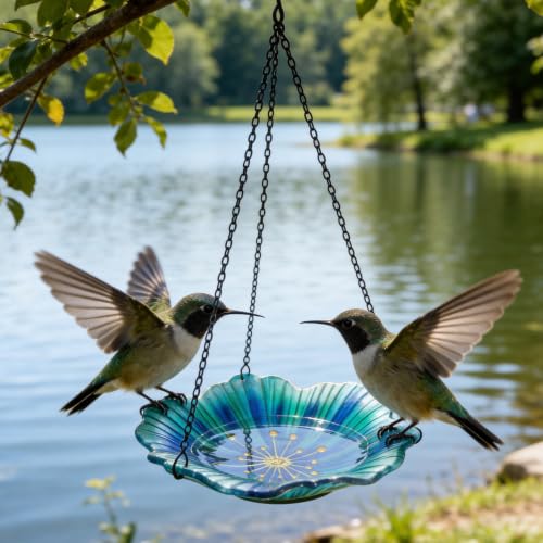 Image of HONGLAND Bird Baths for Outdoors, Glass Birdbaths Outdoor Birdfeeder with Metal Stake (Light Blue with Hanging)