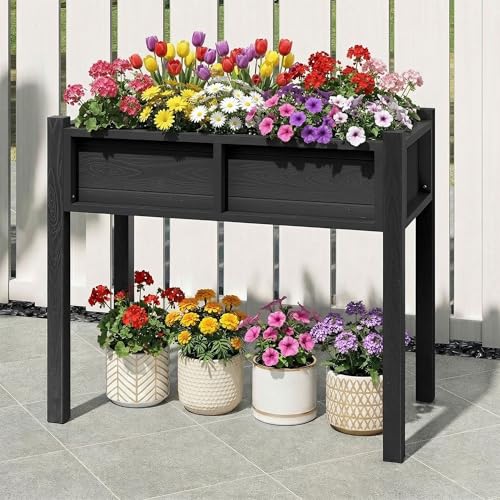 DWVO Raised Garden Bed HDPE with Legs Poly-Wood All-Weather Elevated Planter Box Outdoor with Drainage System Patio Planters for Herbs Vegetables Flowers Plant Bed for Garden Balcony, Black