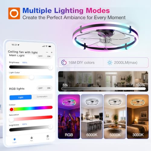 Image of addlon 24'' RGB Low Profile Ceiling Fans with Lights, App /Remote, Black | Flush Mount Fandelier, 3CCT Dimmable LED, Bluetooth App /Remote, Timer, Memory, Reversible DC Motor, Bedroom /Kids room