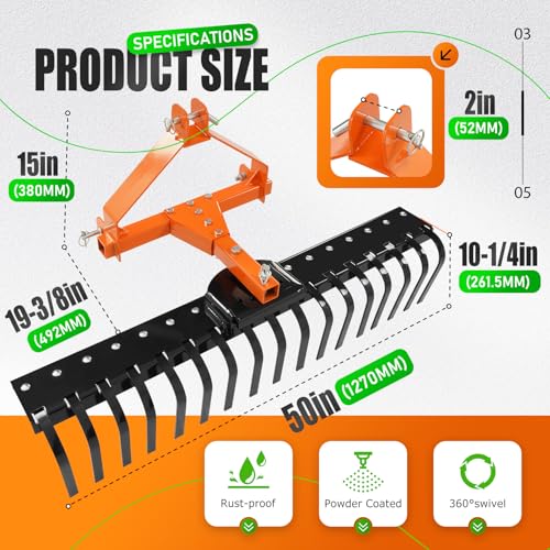 Image of KUAFU 50 inch 3 Point Landscape Rock Rake for Category-0 Cat-0 Tractor with