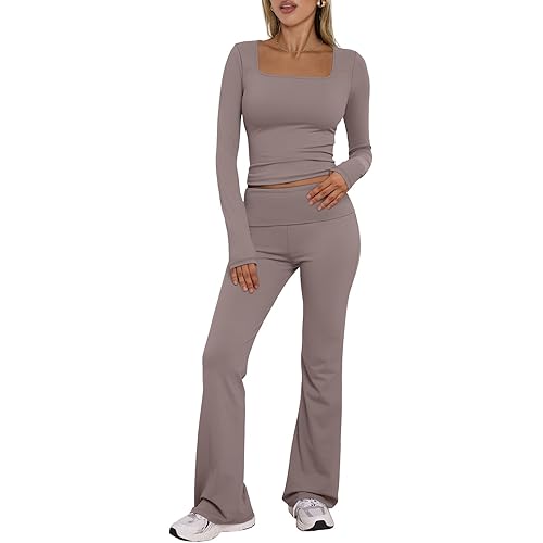 Trendy Queen Womens Two Piece Lounge Sets 2 Piece Fall Outfits Long Sleeve Square Neck Tops Flare Pants Tracksuits Clothes