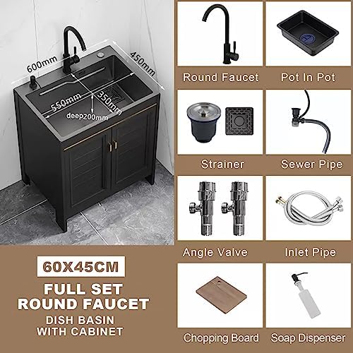 Freestanding Utility Sink,Commercial Sink Stainless Steel Utility Sink Black Kitchen Sink with Cold and Hot Water Pipe Faucet and Storage Shelves for Outdoo(60x45x80cm
