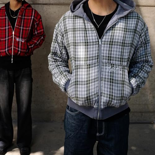 Y2k Grunge Plaid Zip Up Hoodie Men Streetwear Jacket Oversized 2000s Graphic Hoodie Fall Baggy Rapper Sweatshirts (Grey plaid,S)2