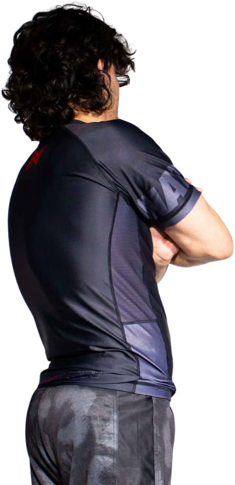 Nation Athletic Men's BJJ Rash Guard, Short Sleeve Compression Shirt, Black with Red Logo, MMA Training Gear