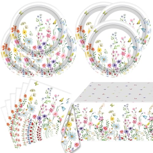 Wildflower Themed Party Supplies,Floral Paper Plates Napkins Tablecloth Tableware Set,for Lawn Wedding Spring Summer Picnic Garden Party Tea Party Decorations