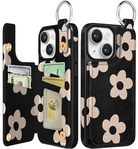 Shorogyt for iPhone 14 Plus Wallet Case with Card Holder, Designer Black Flower Pattern Kickstand Magnetic Clasp Back Flip Folio Leather Phone Cases for iPhone 14 Plus