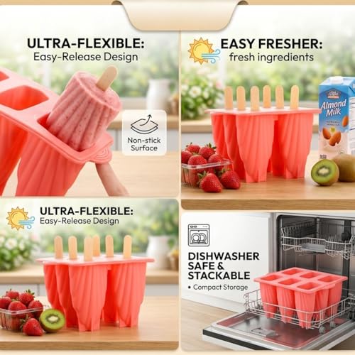 Image of BPA Free Ice Lolly and Kulfi Maker Set of 8 Reusable Popsicle Moulds Food Grade Plastic Ice Cream Popsicle Maker for Home Kitchen Multicolor (Rich Pink)