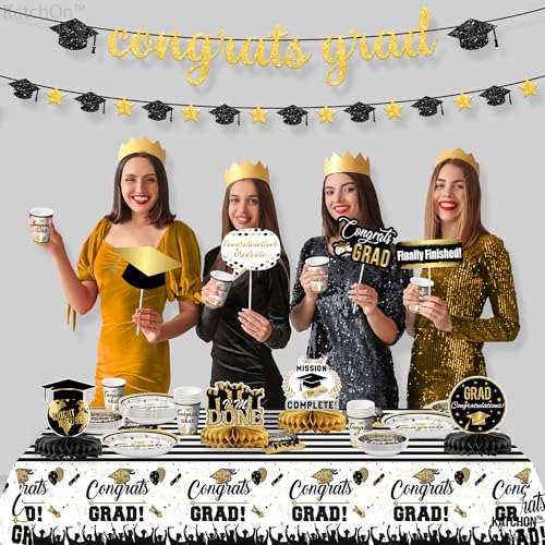 Image of KatchOn, Graduation Decorations Class of 2024 Black and Gold - Pack of 153, Serve 25 | Serve 25