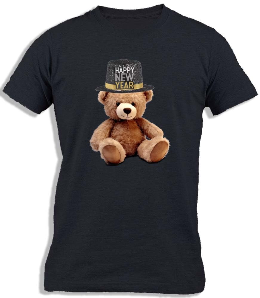 Ay Cabron™ Teddy Bear With Happy New Year Hat | 2025 NYE Party | New Years Eve Party | NYE Celebration Firework Cotton T-Shirt For Men