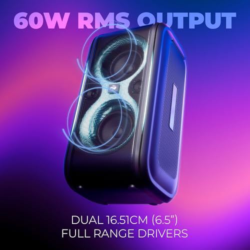 Image of Zebronics Portable Bluetooth Speaker, 60W, Upto 5 Hours Playback, Dual 16.51cm Drivers, Karaoke, TWS, BT v5.4, USB, mSD, AUX, RGB, Wireless Mic with Display, Mobile Holder (Party Fyre 90)