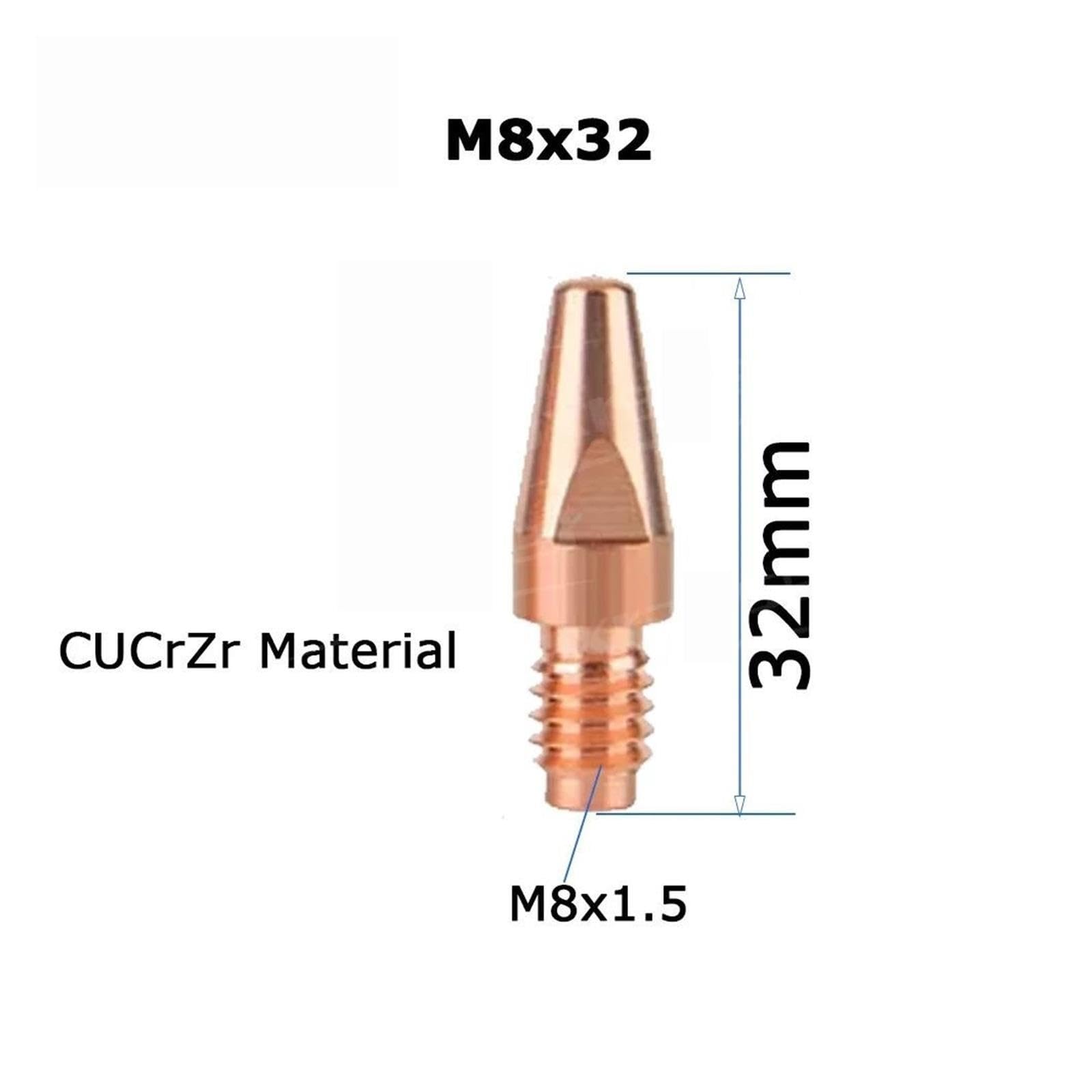 MIG MAG GMAW Punta di contatto M8x1,5 Filettatura M8x32mm Testa di saldatura standard(0.8mm(0.030),Silver Plate,10 Pcs)
