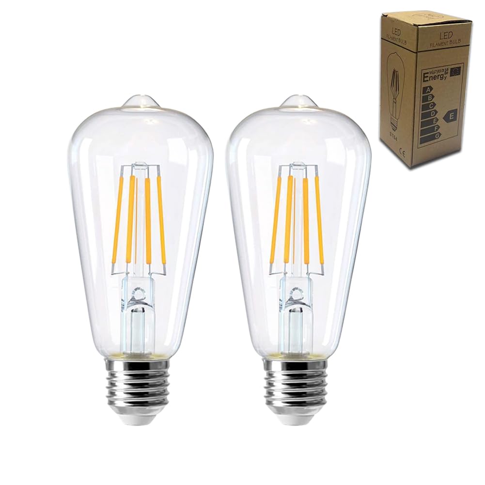 E27 Vintage Edison LED Light Bulbs, 4W Energy Saving ST64 LED Filament Light Bulbs Clear Glass 2700k Warm White E27 Squirrel Cage Retro Edison Screw Bulbs, 40W Equivalent, Non Dimmable, 2Pack