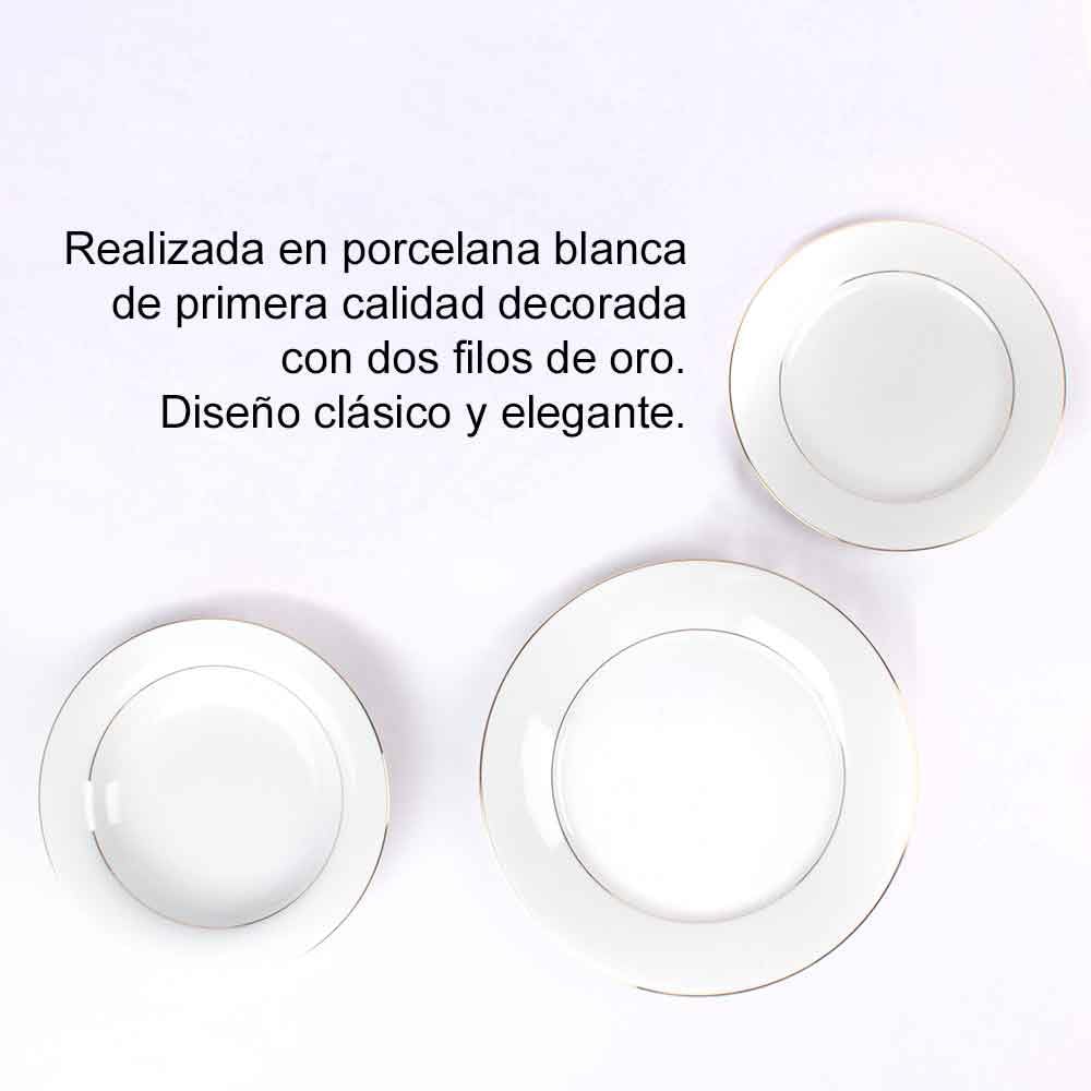 FranquiHOgar Juego de platos de porcelana blanca (18 piezas) Bremen, 6 platos llanos, 6 platos hondos, 6 platos de postre, filo de oro
