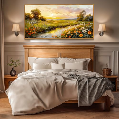 crmotu Framed Wall Art, Canvas Wall Art Landscape, Sunset Wall Decor, Daisy Flower Oversized Art Prints, Rustic Pastoral Pictures Wall Decor Living Room Bedroom Dining Room Cottage Farmhouse 30x60inch