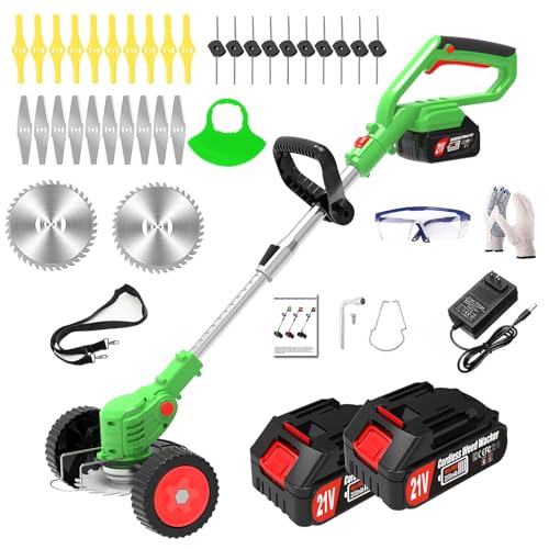 Cordless Weed Wacker Eater Electric Battery Powered, 21V Lightweight Weed Trimmer Edger Lawn Tool with 2Pcs 2000mAh Battery, 3 in 1 Stringless Grass Trimmer-Edger-Brush Cutter for Garden Yard Lawn