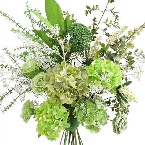 Image of FiveSeasonStuff Elegant Green Artificial Bouquet-Hydrangea, Rose & Camellia Blooms with Baby's Breath and Greenery Stems for Vases, Centerpieces, Weddings & Home Styling