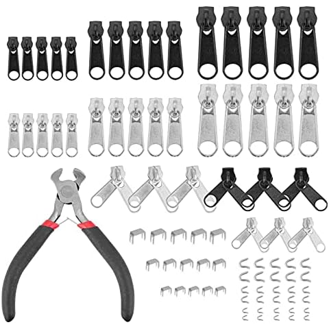 SacJkt Zipper Repair Kit, 84 Pcs Zinc Alloy Zipper Replacement, Metal Pull Tabs Zip Fixer Parts with Zipper Install Pliers Tool, for Bags, Jackets, Luggage, Backpacks (Black, Silver) Cover