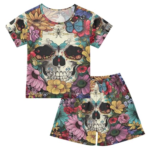 ALAZA Skull Bright Flowers Butterfly Pajama Set Short Sleeve Sleepwear Soft Lounge Nightwear