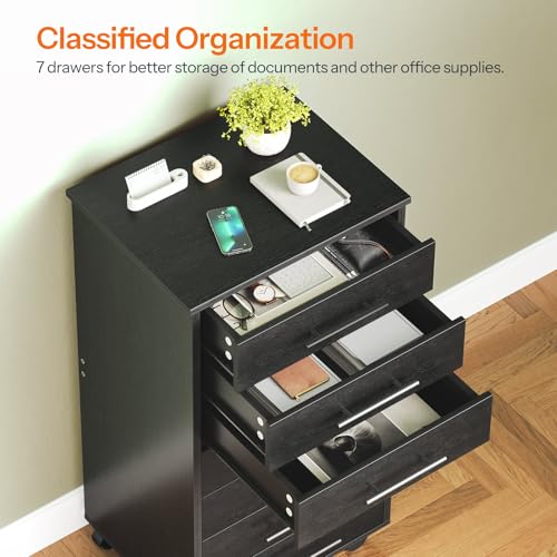 Image of HOOBRO 7-Drawer File Cabinet, Wooden Office Cabinet with Drawers, Mobile Storage Cabinet, for Home Office, Study, Easy Assembly, Black BK07WJ01