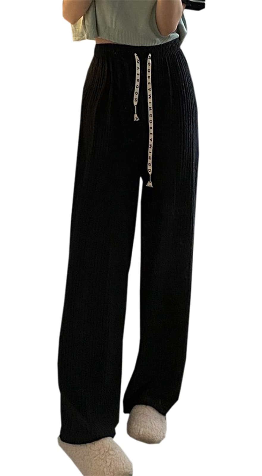 SANGTREE Womens High Waist Wide Leg Pants with Letter Drawstring