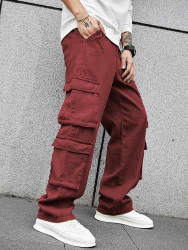 Image of Men's 8 Pocket Cargo Pants | Premium Cotton Twill Baggy Fit Trousers | Stretchable Casual Streetwear Cargos | Mid Rise
