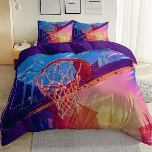 Housse de Couette Imprimé Anime Romance Sport Basket-Ball - Entretien Facile Microfibre Parure de lit 3 Pièces pour Adultes Adolescents et Enfants avec Fermeture éclair Violet, 220 x 240 cm