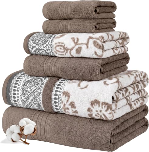 Image of Modern Threads 6 Piece Bath Towel Set - Bathroom Set with 2 Bath Towels, 2 Hand Towels & 2 Wash Cloths-100% Cotton,Super Absorbent & Extra Soft-Reversible Floral Trail(Taupe Brown) Medium(Pack of 8)