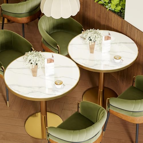 Image of 63 inch Tulip Table, Small Round Dining Table with 1.2 inch Thick Sintered Stone Tabletop and Golden Metal Pedestal Base, Bistro Table for Diner, Bar, Restaurant, kitchen, Bakery, Apartment (Marble White)
