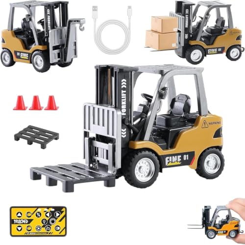 Image of PLUSPOINT 2.4GHz RC Forklift Toy | 1:64 Mini Rechargeable Remote Control Forklift with 2-in-1 Lift Fork & Crane Hook, Lights, Sound & Cargo Boxes | Construction Vehicle Toy for Kids Age 3+
